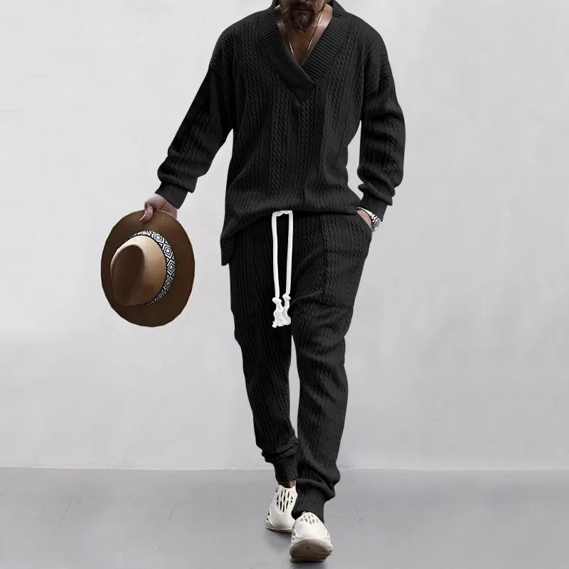 2025 Cross-border New Men's Casual Trousers V-Neck Versatile Jacquard Knitted Sweater Set