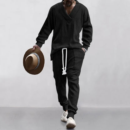2025 Cross-border New Men's Casual Trousers V-Neck Versatile Jacquard Knitted Sweater Set