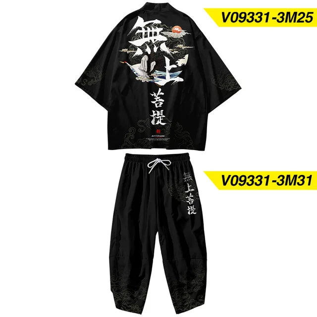 Large Size 5XL 6XL Japanese Kimono Cardigan Pants Set Print Fox Men Women Shirt Tradition Yukata Haori Obi Cosplay Costume