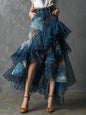 Women's Denim Patchwork Ruffle Maxi Skirt High Waisted Asymmetrical Sheer Tulle Layered Skirt For Female Fashion Outfits  Skirts