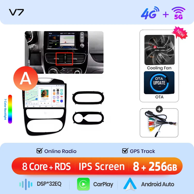 Junsun Wireless CarPlay Android Auto Car Radio for Renault Clio 4 2012- 2017 2 DIN Multimedia Stereo with Built-in Cooling Fan GPS Navigation SWC Bluetooth FM RDS DSP IPS Screen Car Intelligent Systems 4G WiFi 8 Core