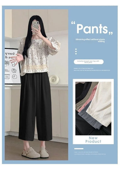 andma Sle Wide Leg Pants Nine Points Harlan Loose Fit Women's Summer Casual Trousers Two Pieces Set High Waist Elastic Wa...