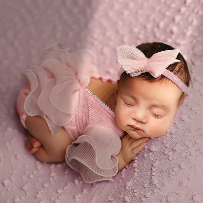 Ylsteed 2 Pieces Set Beige Newborn Photography Costume Lace Romper Bow Headband Set Baby Girl Photo Shooting Outfits