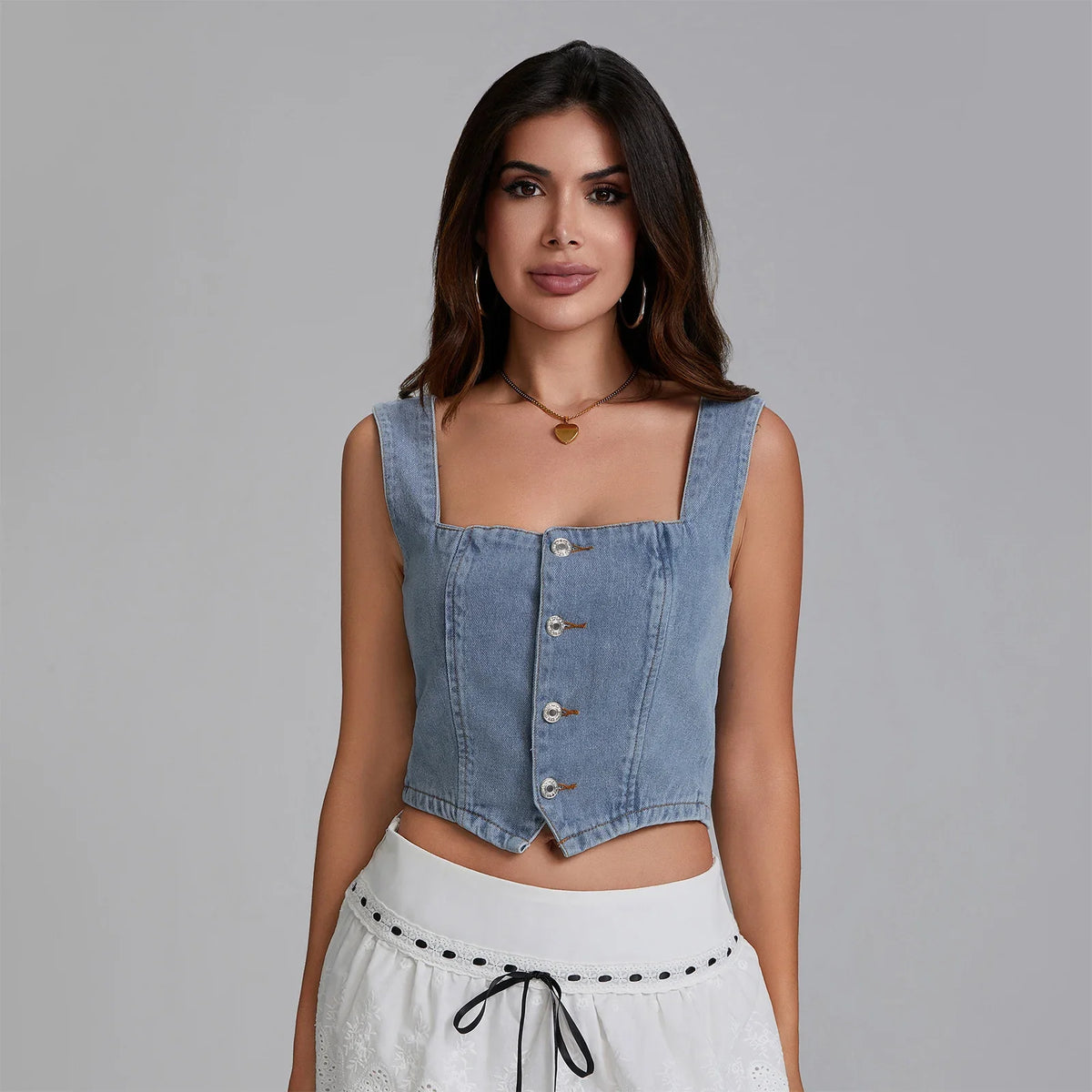 Summer Denim Tank Tops Women Slim Fit Square Neck Backless Back Shirred Sleeveless Button Down Crop Tops for Party Club Night