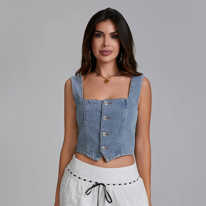 Summer Denim Tank Tops Women Slim Fit Square Neck Backless Back Shirred Sleeveless Button Down Crop Tops for Party Club Night