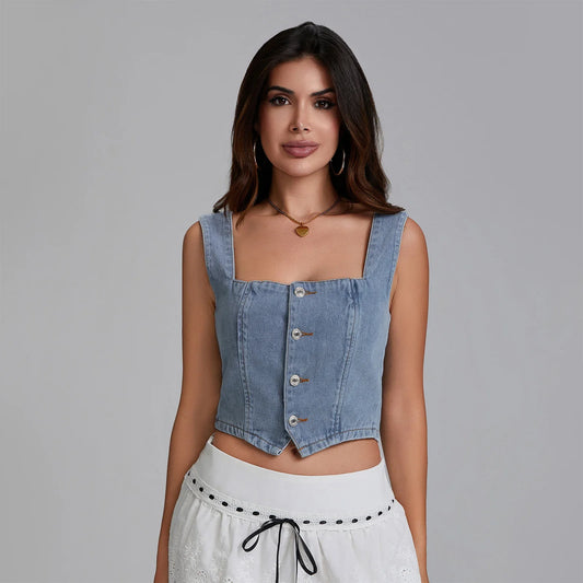 Summer Denim Tank Tops Women Slim Fit Square Neck Backless Back Shirred Sleeveless Button Down Crop Tops for Party Club Night