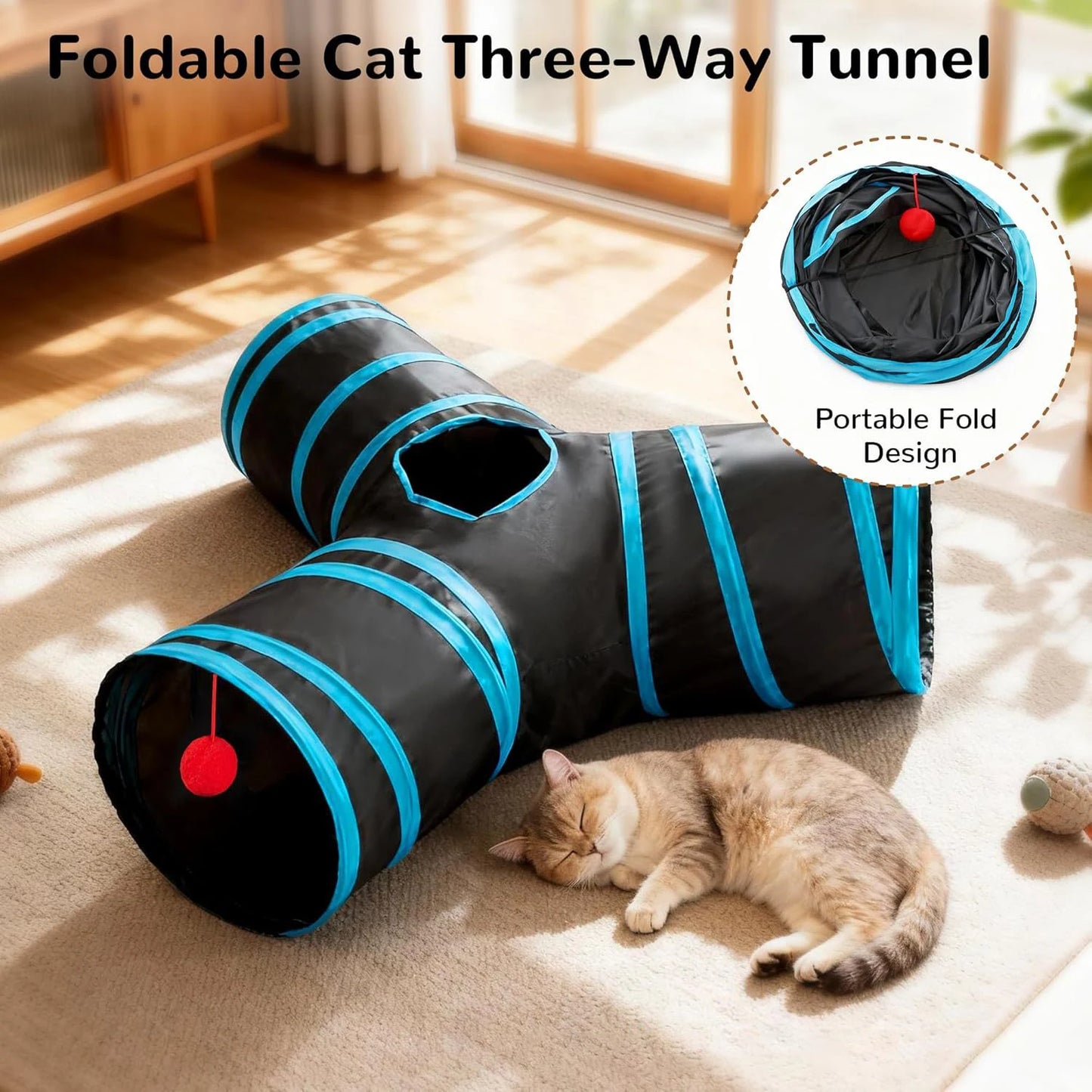 Cat Tunnel Toy 3-Way Foldable Pet Playhouse Crinkle Paper Bell Durable Oxford Cloth Animal Tunnel Kittens/Rabbits/Guinea Pigs