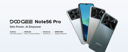 DOOGEE Note56 Pro Android 16 Gemini AI "battery 6150 mAh 32 Go RAM (4 + 28) 128 Go ROM Support Widevine L1