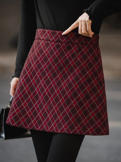 XIAOGULI 2026 Autumn Winter Women Mini Skirt Vintage Style Red Plaid High Waisted Elegant Office Casual Short Skirt