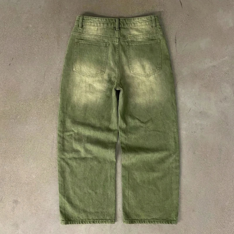 Y2K Street Matcha Denim Jeans Pocket Green 6 Ball Embroidery Denim Pants London High Street Trend Streetwear Unisex Baggy Jeans