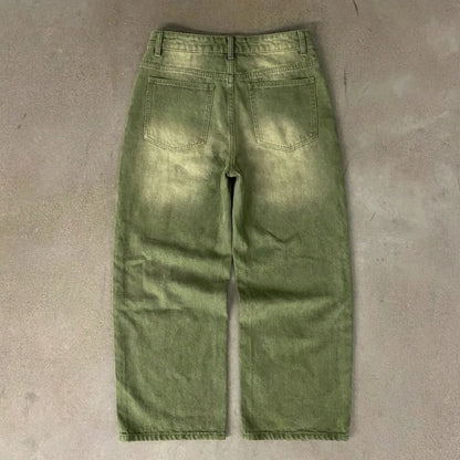 Y2K Street Matcha Denim Jeans Pocket Green 6 Ball Embroidery Denim Pants London High Street Trend Streetwear Unisex Baggy Jeans