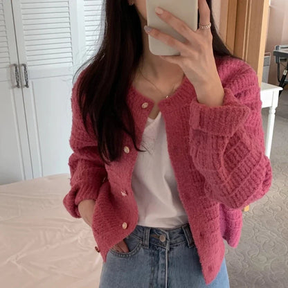 Autumn Elegant Korean O Neck Women's Long Sleeve Jacket Sweet Pink Small Fragrance Retro Short Knitted Cardigan for Lady Spring