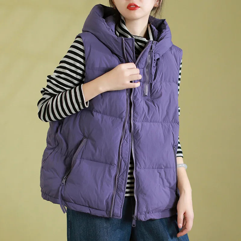 Schinteon Women 90% White Duck Down Vest with Hood Autumn Winter Over Size Casual Sleeveless Jacket Top Fashionable Gilet 2026