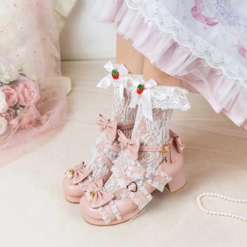 NASBAVI White Lace Bow Cosplay High Heels Women Cross Strap Buckle Platform Mary Jane Shoes Female Party Princess Lolita Pumps