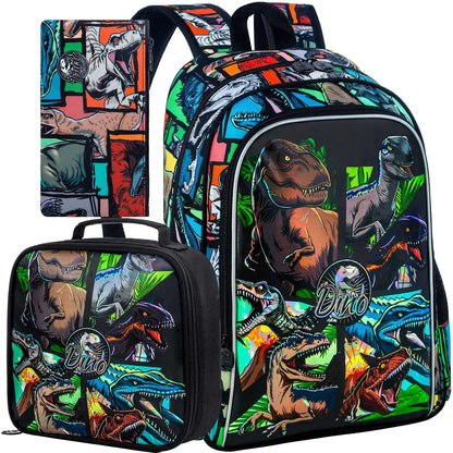 3PCS Backpack for Boys, 16 Inch Dinosaur Preschool Bookbags, Cool Elementary Kindergarten School Backpacks