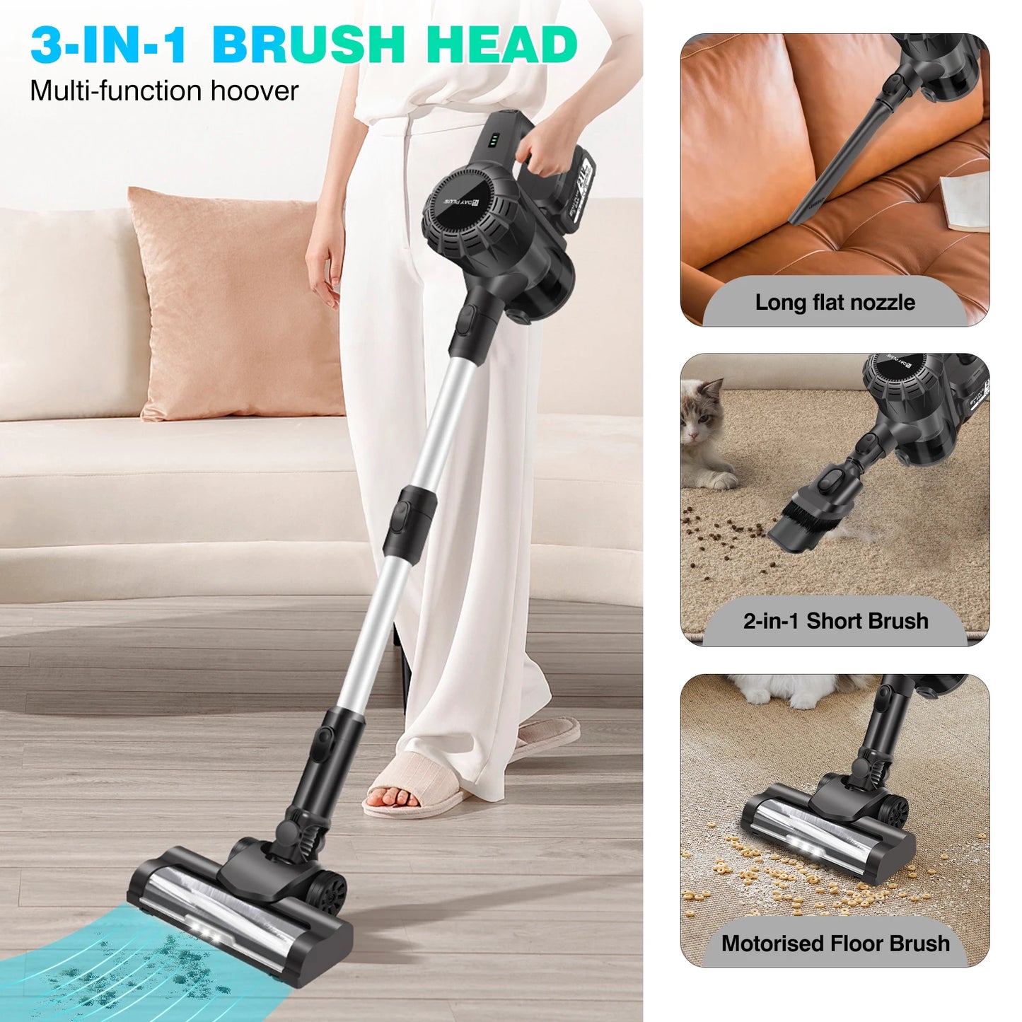DayPlus Cordless Upright Stick Vacuum Cleaner,3 In 1 Wireles Handheld Vacuum Cleaner 130000RPM Brushless for Carpets, Hard Floor