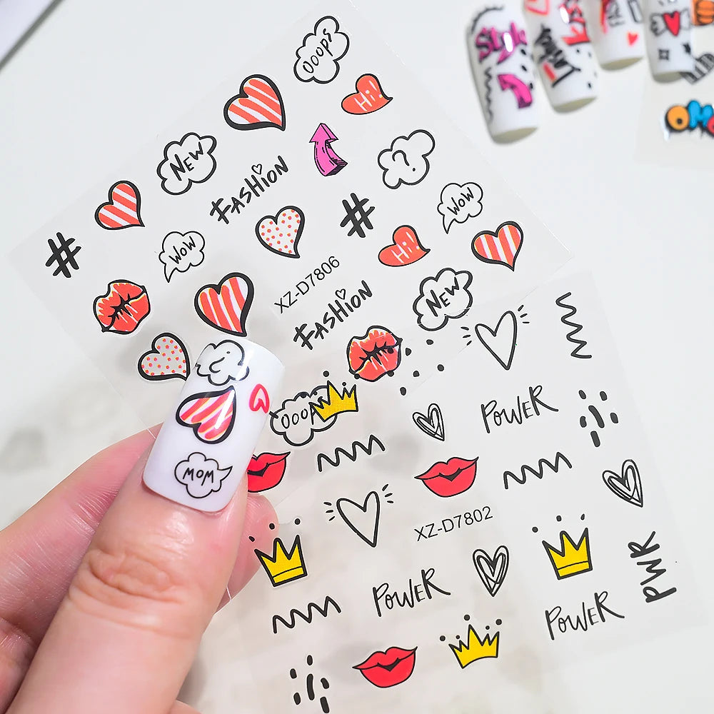 30pcs/set 3D Cartoon Cat Nail Art Stickers Black Graffiti Animal Bow Star Heart Nail Decals Kawaii Self-adhesive Manicure Slider