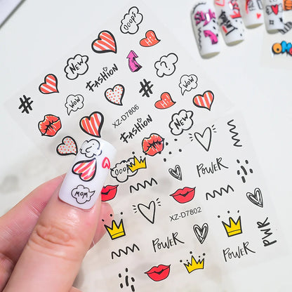 30pcs/set 3D Cartoon Cat Nail Art Stickers Black Graffiti Animal Bow Star Heart Nail Decals Kawaii Self-adhesive Manicure Slider