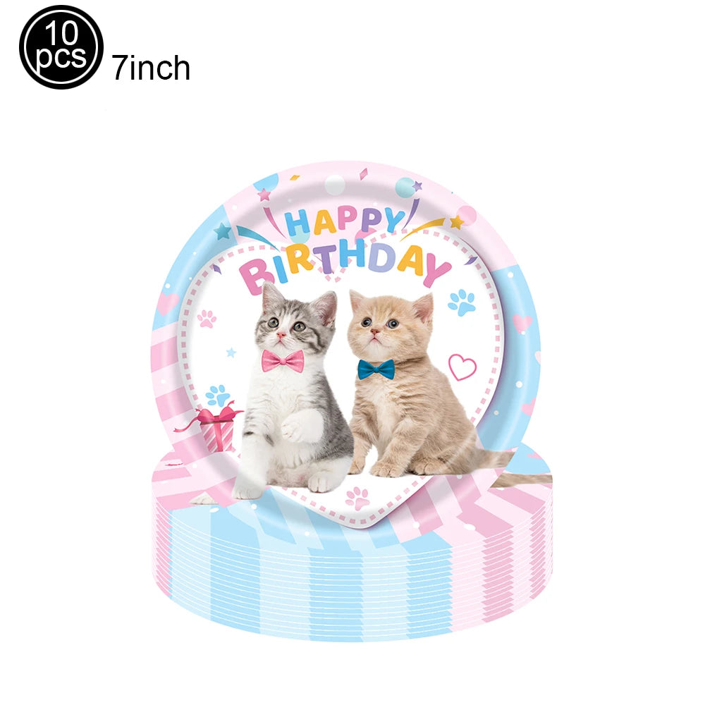 Cat Party Paper Plates Cups Napkins Party Supplies Cat Face Happy Birthday Banner Tablecloth for Cat Themed Birthday Party Decor