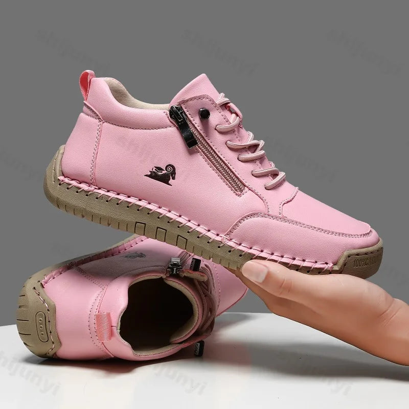Women Sports Shoes 2026 New Outdoor Hiking Flat Bottomed Comfortable Casual Driving Shoes Soft Sole Zipper Fashion Leather Shoes