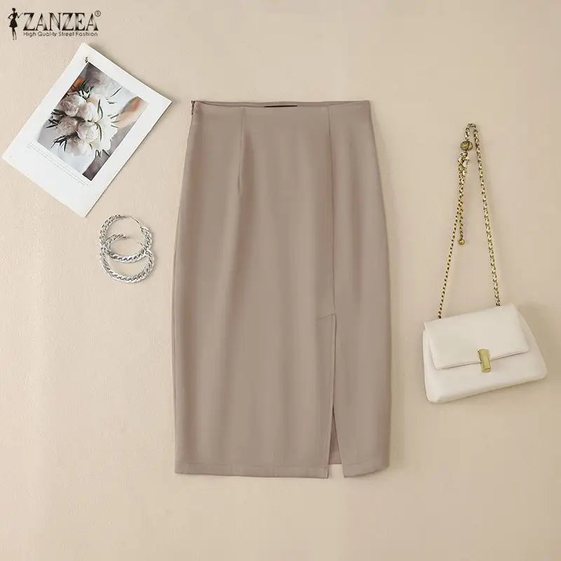 ZANZEA Women's High Waist Pencil Midi Skirt Office Lady Elegant Side Split Bodycon Skirts Casual Solid Color Woman Bottoms S-3XL