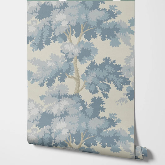 Misty Forest Wallpaper with an antique woven tapestry showing a lush landscape in light blue, Scandinavian Wallpaper Raphael