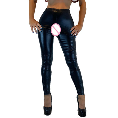 Women Leather Crotchless Open Crotch Leggings Sexy Fetish Pants