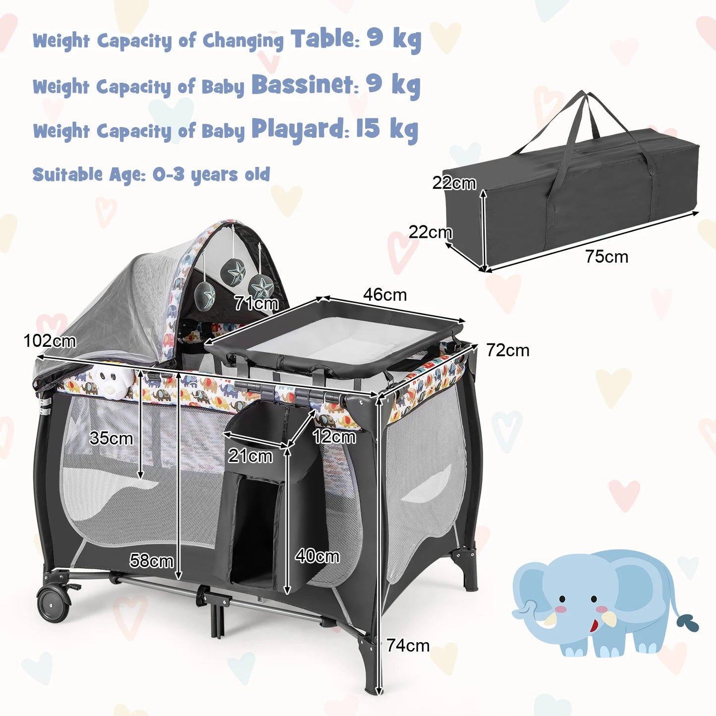 4-in-1 Baby Cot, Portable Cot Travel Cot with Foldable Mattress, Changing Table, Canopy, Play Arch & Music Box