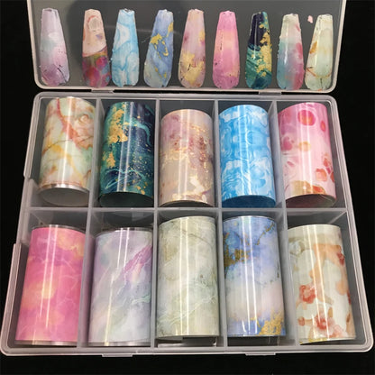10 Patterns New Metal Nail Foils for Transfer Paper Stickers Floral Chameleon Nails Wraps DIY Water Marble Nail Art Decorations