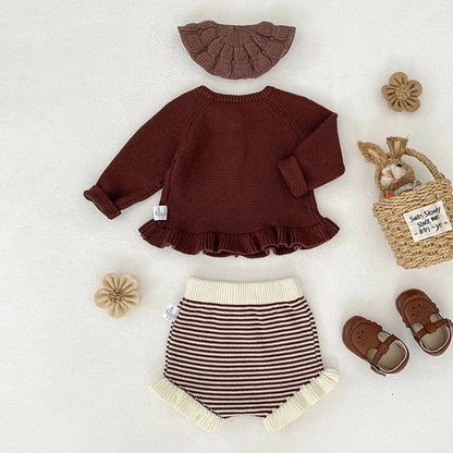 2025 New Autumn Toddler Baby Girl Clothes Set 0-3Yrs Infant Baby Girls Clothing Suit Long Sleeved Cardigan Sweater+PP Shorts