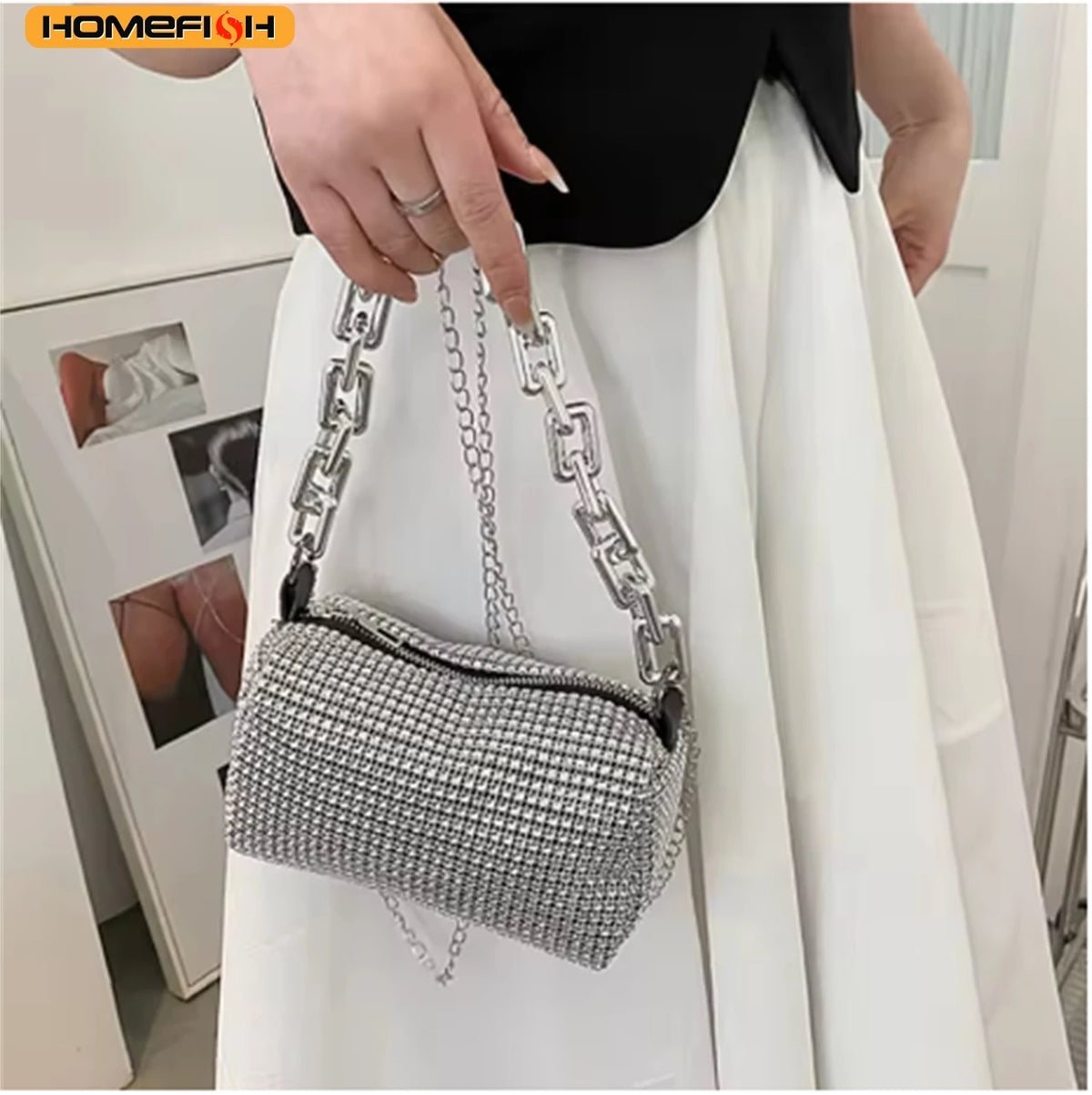 HOMEFISH Sparkling Rhinestone Bucket Bag, Chain Decor Party Clutch Purse, Female Mini Crossbody Bag