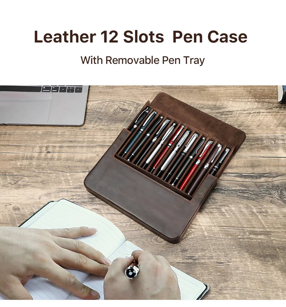 Luxury Genuine Leather 12 Slots Fountain Pen Case Box Office School Stationery Pen Storage Pouch Holder with Removable Pen Tray
