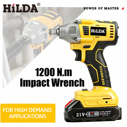 HILDA 1/2" Brushless Impact Wrench 1200N.m High Torque Electric Wrench Power Tool for Scaffolding Tire Repair For Makita Battery