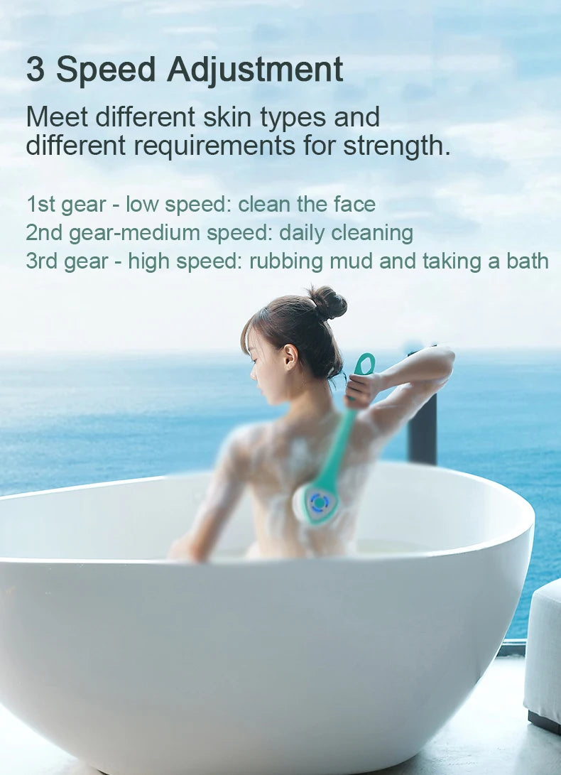 Electric Bath Brush 5-in-1 Long Handle Rechargeable Spin Body Facial Scrubber Back Rubbing Cleaning  Massage Spa Shower Brush