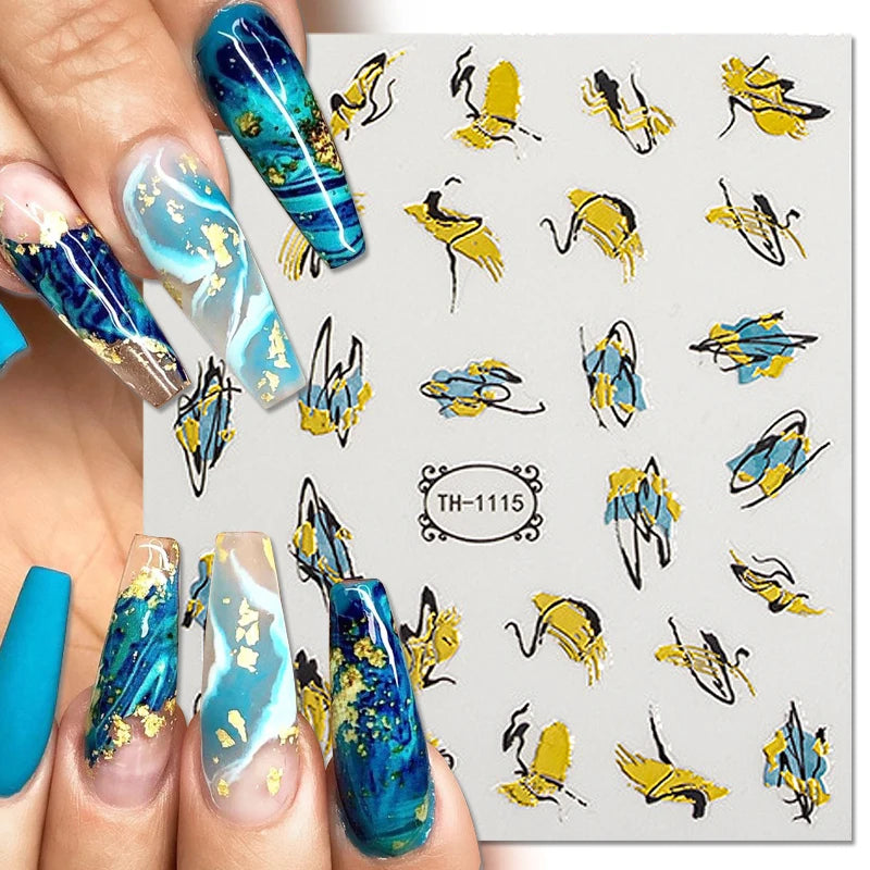 Golden Wave Line 3D Nail Sticker Marble Blue Geometry Abstract Nail Art Sliders Silver French Liner Decals Manicure Decorations