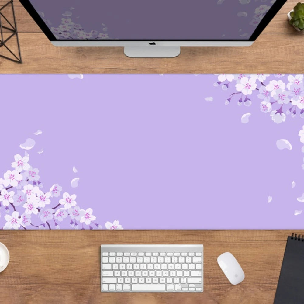 Purple Blossom Deskmat Cute, Mouse Pad Lilac Lavender Cherry Sakura Flowers, Japanese Desk Mat, Mousepad Kawaii Anime Aesthetics