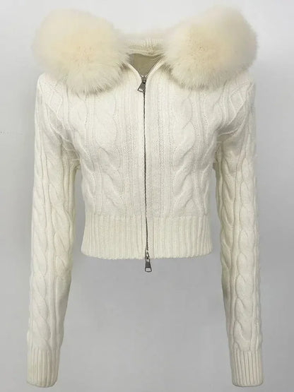 Fashion Natural Fox Fur Collar with Knitted Sweater Women Casual Sweater 2025 New Spring Autumn Slim Fit Elastic Oversized Coat