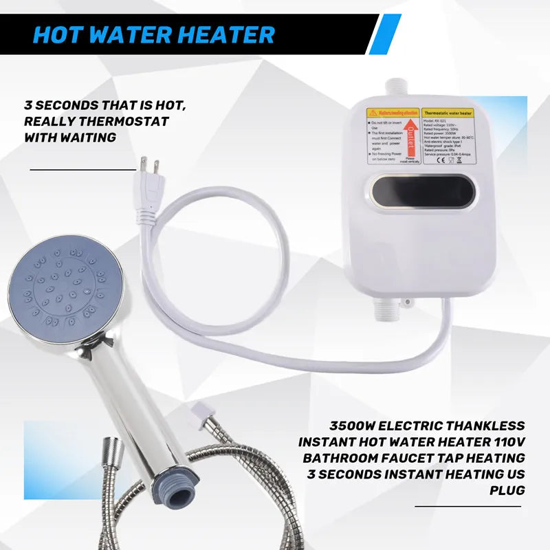 Electric Thankless Instant Hot Water Heater 3 Seconds Instant Heating 3500W Bathroom Faucet Tap Heating US Plug 110V