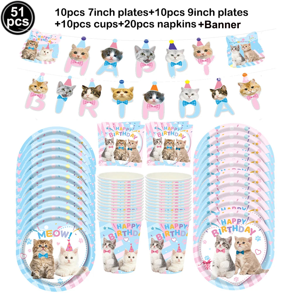 Cat Party Paper Plates Cups Napkins Party Supplies Cat Face Happy Birthday Banner Tablecloth for Cat Themed Birthday Party Decor