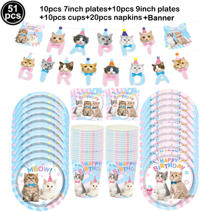 Cat Party Paper Plates Cups Napkins Party Supplies Cat Face Happy Birthday Banner Tablecloth for Cat Themed Birthday Party Decor