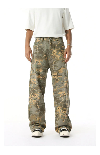2025 Four Seasons Men's Youth Popular Multi color Pattern Camouflage Pants Basic Versatile Straight Wash Casual Cowboy Pants