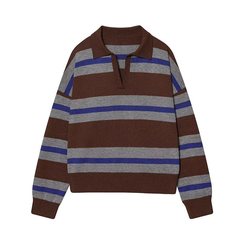 Sweater knitted Pullover Women's Spring 2026 New Fashion Striped Loose Polo neck Warm Women Sweater Chic Youth Holiday Pullover