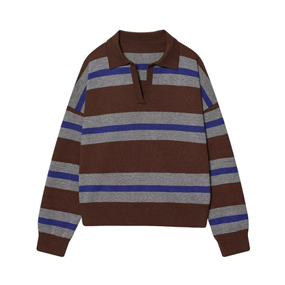 Sweater knitted Pullover Women's Spring 2026 New Fashion Striped Loose Polo neck Warm Women Sweater Chic Youth Holiday Pullover