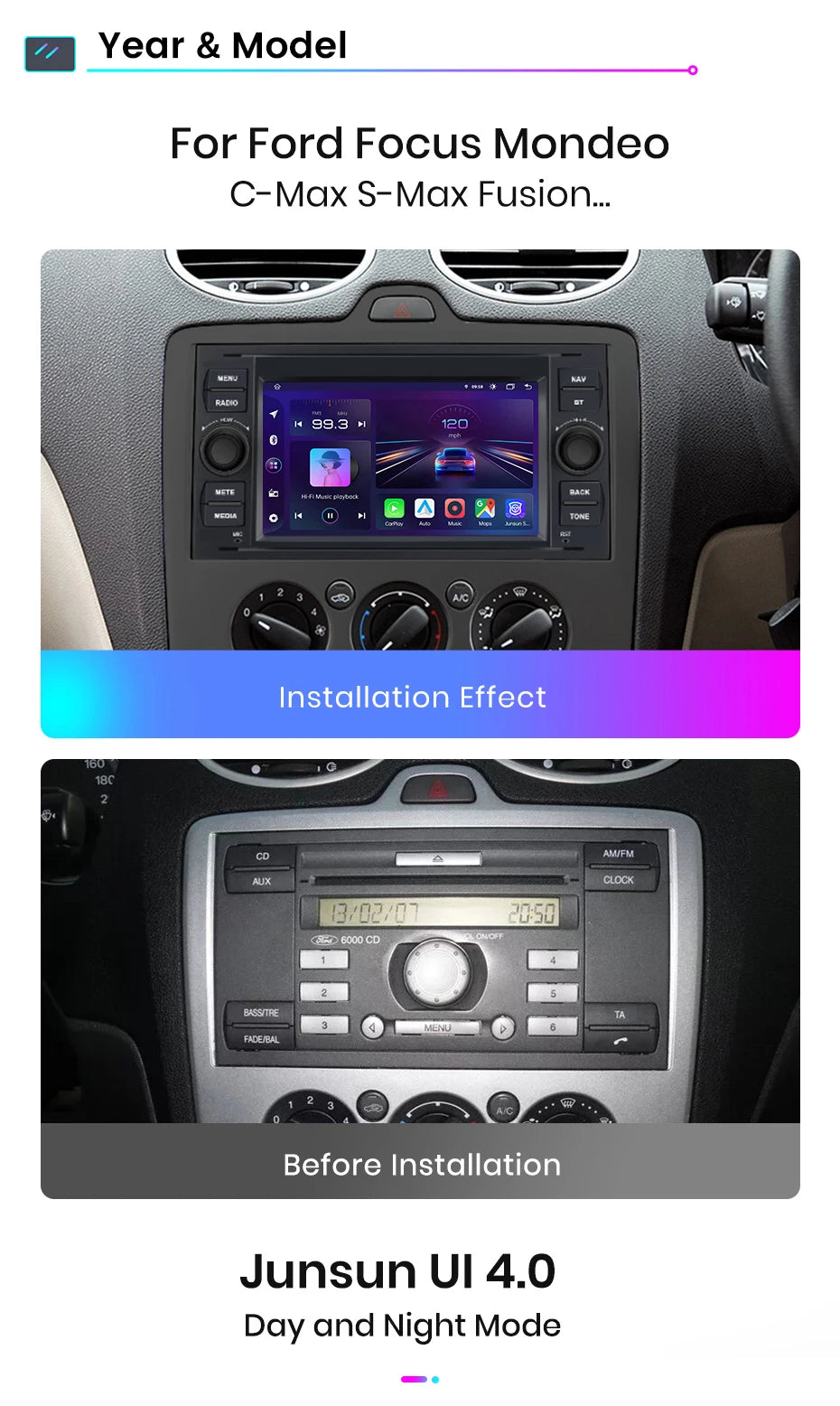 Junsun CarPlay Android Auto Radio for Ford Focus Mondeo Fiesta Transit Kuga C-Max S-Max Galaxy GPS Car Multimedia 2din autoradio