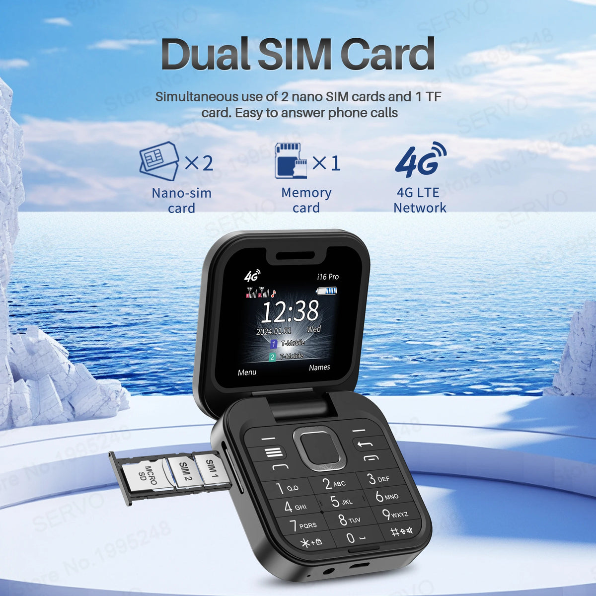 SERVO I16 PRO 4G LTE Mini Flip Mobile Phone Dual SIM Standby Call Recording Speed Dial FM Radio 1.77' Screen Foldable Cellphones