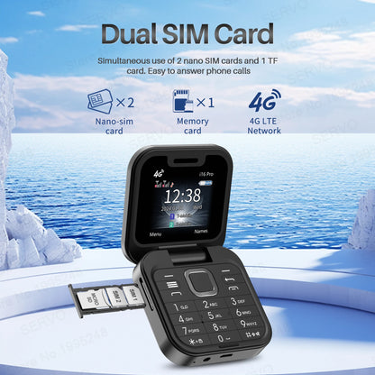 SERVO I16 PRO 4G LTE Mini Flip Mobile Phone Dual SIM Standby Call Recording Speed Dial FM Radio 1.77' Screen Foldable Cellphones