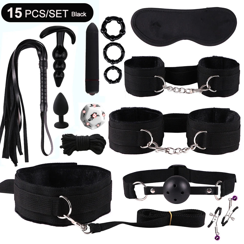 Hot Exotic Bed Bondage Set BDSM Kits Exotic Sex Toys For Women  Adults Games Leather Handcuffs Whip Gag Nipple Clamps Sex Shop