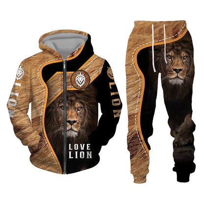 Spring and Autumn Men's Tracksuit 3D The Lion Print Zipper Hoodies Sweatshirts Pants Sets Casual Mens Clothing Women's Tracksuit