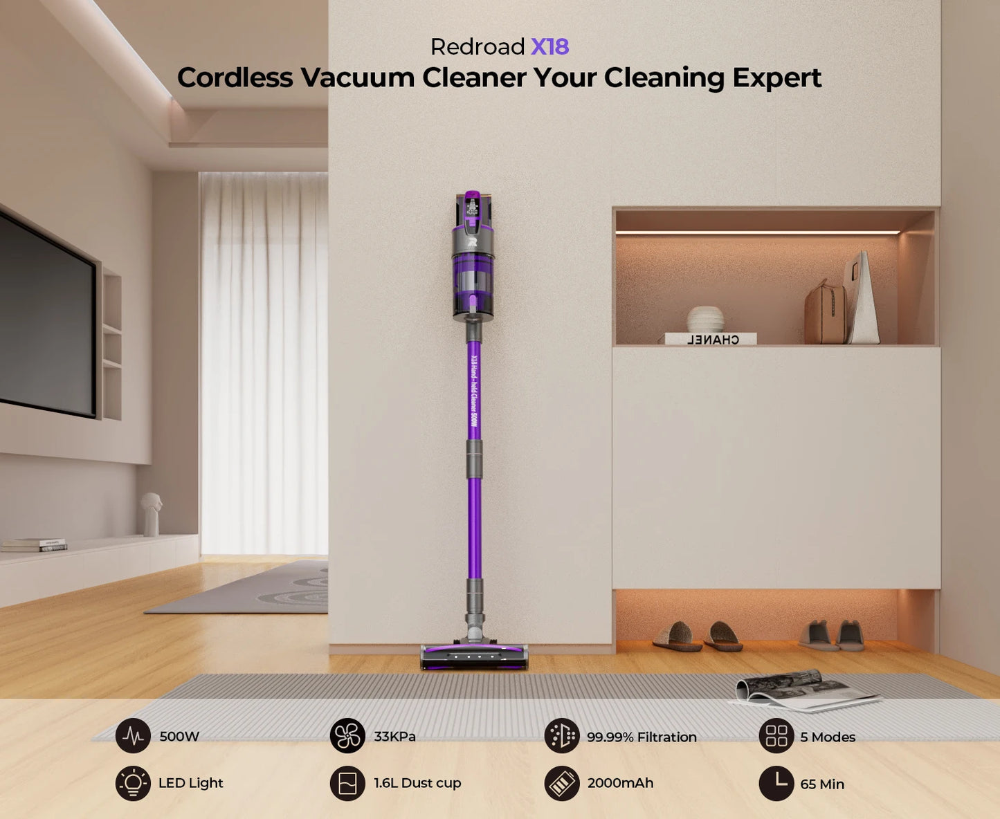 Redroad X18 500W Cordless Vacuum Cleaner 33000PA Ultra Strong Suction, Up to 65 Mins Runtime, Removable Battery 8 in 1 Handheld Stick Vacuum for Home Carpet Car