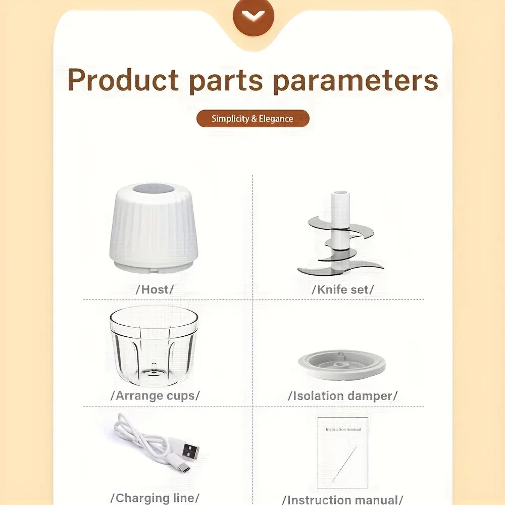 400ML Electric Food Chopper ，6 Blades Garlic Grinder Mini Vegetable Chopper，USB Portable Veggie Chopper，Garlic Mincer